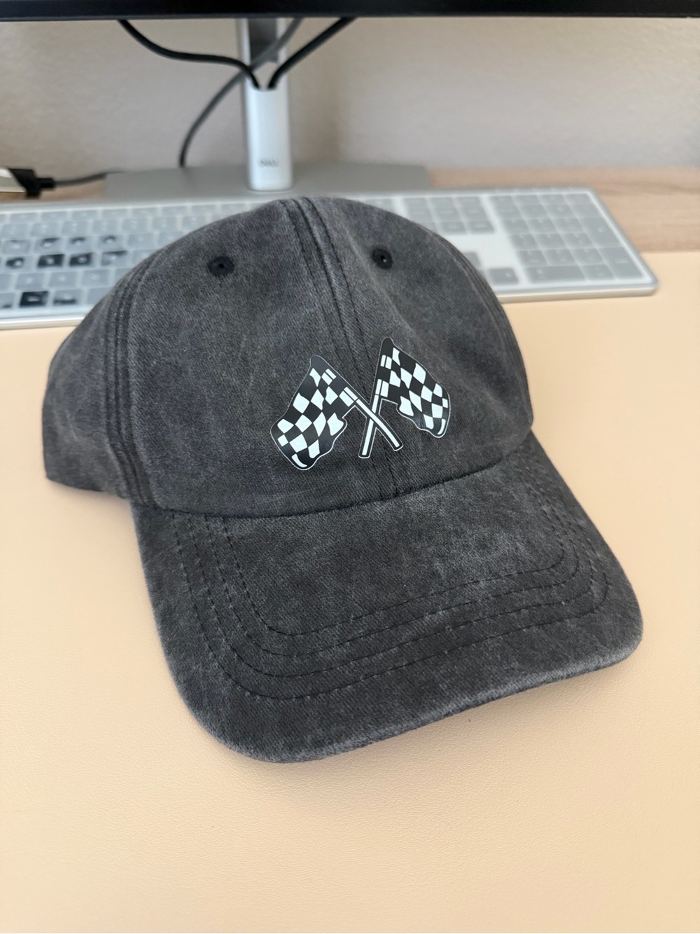 Black Ball Cap Hat with Racing Flags